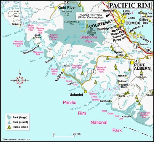 แผนที่ของทางตะวันตกนอกชายฝั่งแคนนาดา