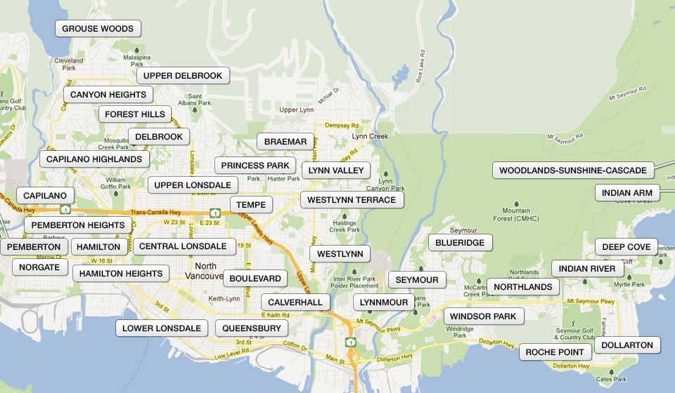 แผนที่ทางเหนือของแวนคูเวอร์ neighbourhoods