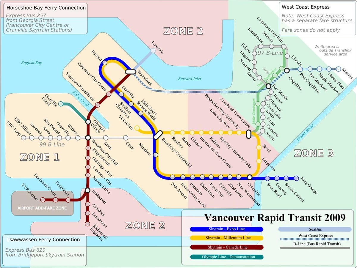 แวนคูเวอร์ skytrain พื้นที่บนแผนที่